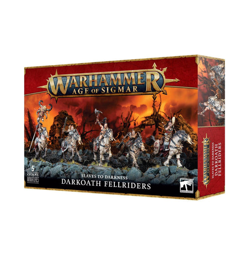 Box of Games Workshop's SLAVES TO DARKNESS: DARKOATH FELLRIDERS miniatures. The box art features five heavily armored light cavalry warriors on mounts, brandishing weapons, set against a fiery, war-torn landscape. The box includes branding elements and the "Slaves to Darkness" label.