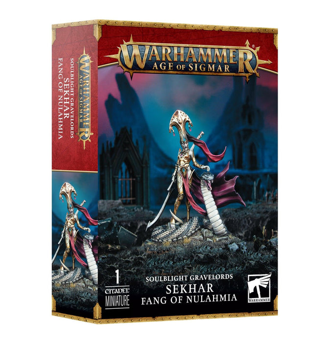 Box for the Games Workshop model titled "SOULBLIGHT GRAVELORDS: SEKHAR, FANG OF NULAHMIA." It shows an elaborately armored figure with a helmet and cape, holding a weapon. Background depicts a dark, eerie battlefield. The Citadel Miniatures and Games Workshop logos are at the bottom.