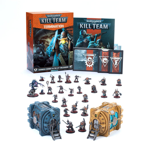 The image shows the KILL TEAM: TERMINATION (ENGLISH) game set from Games Workshop. It includes boxed game materials, two separate large pieces of terrain, various miniatures of soldiers like Hernkyn Yaegirs and creatures arranged in front of the boxes, cards, dice, and other gaming accessories. The game's thematic artwork is visible on the boxes.