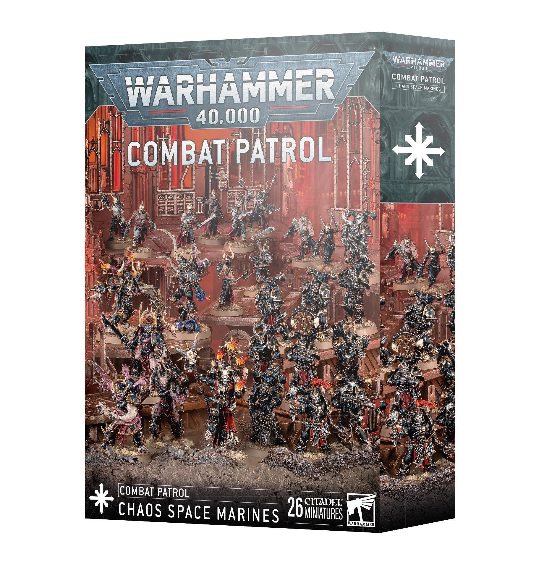 The image shows the packaging for a COMBAT PATROL: CHAOS SPACE MARINES (NEW) set featuring Chaos Space Marines by Games Workshop. The box displays 26 Citadel miniatures in various action poses against a gothic, war-torn backdrop. The iconic Warhammer 40,000 logo and 