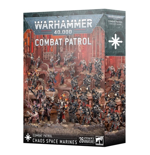 The image shows the packaging for a COMBAT PATROL: CHAOS SPACE MARINES (NEW) set featuring Chaos Space Marines by Games Workshop. The box displays 26 Citadel miniatures in various action poses against a gothic, war-torn backdrop. The iconic Warhammer 40,000 logo and "Combat Patrol" are prominently displayed at the top.