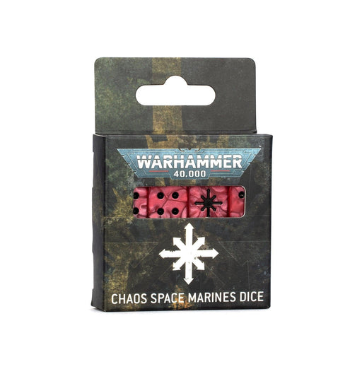 A box of WARHAMMER 40000: CHAOS SPACE MARINES DICE by Games Workshop. The package is black and features the Warhammer 40,000 logo near the top with a view window showing red dice with black pips and a star symbol. Below the window, a white Chaos Space Marines emblem is visible alongside the product name.