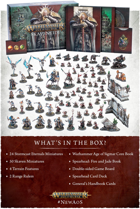 Detailed image of Games Workshop's Warhammer Age of Sigmar: Skaventide boxed set. Includes a box, core book, and various miniatures such as Stormcast Eternals and Skaven. Additional items include a double-sided game board, terrain features, range rulers, Warhammer cards, and General's Handbook. Text reads "What's in the Box?" with a detailed list of contents below.