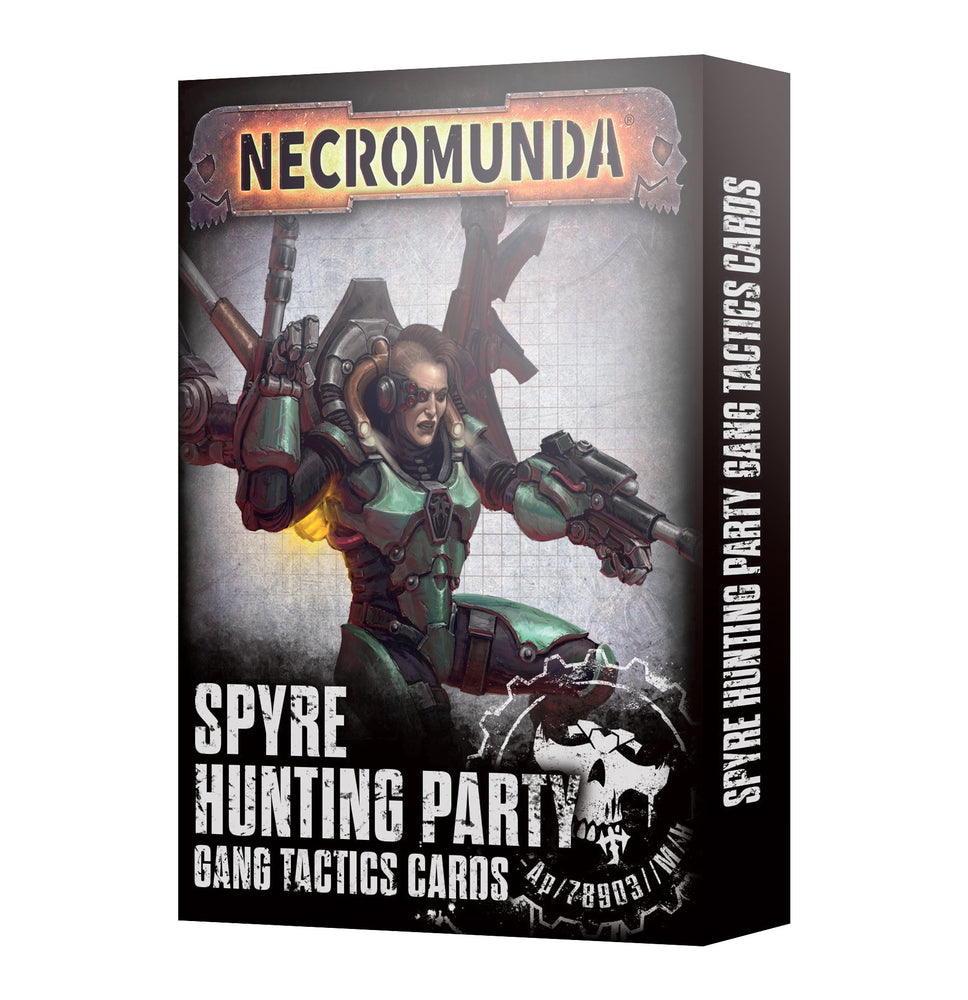 The image showcases a box of "NECROMUNDA: SPYRE HUNTING PARTY GANG TACTICS CARDS" from Games Workshop, featuring an armored figure wielding a large weapon. The title "NECROMUNDA: SPYRE HUNTING PARTY GANG TACTICS CARDS" is prominently displayed. The background has a dark, gritty design with mechanical and skull motifs, capturing the essence of Spyre Hunting Packs.