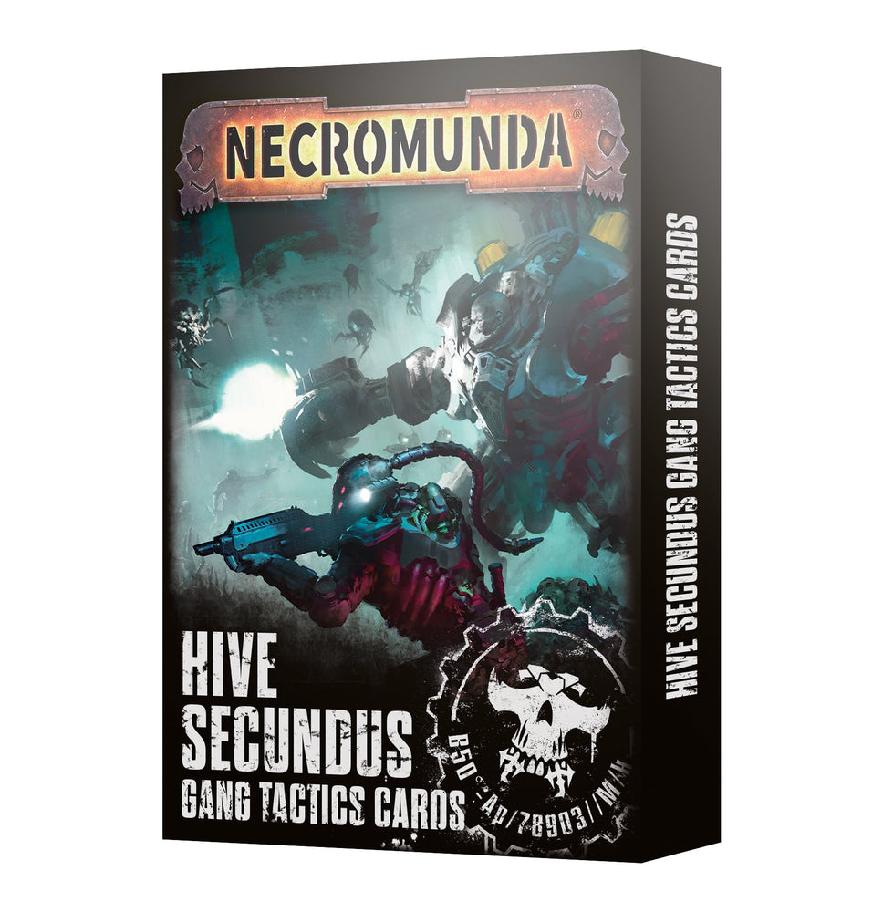 A boxed set titled "NECROMUNDA: HIVE SECUNDUS TACTICS CARDS" by Games Workshop showcases artwork of a futuristic battle scene. The black box, adorned with bold text, features armored warriors wielding weapons and a skull and crossbones emblem at the bottom, emphasizing the gritty gang tactics within.