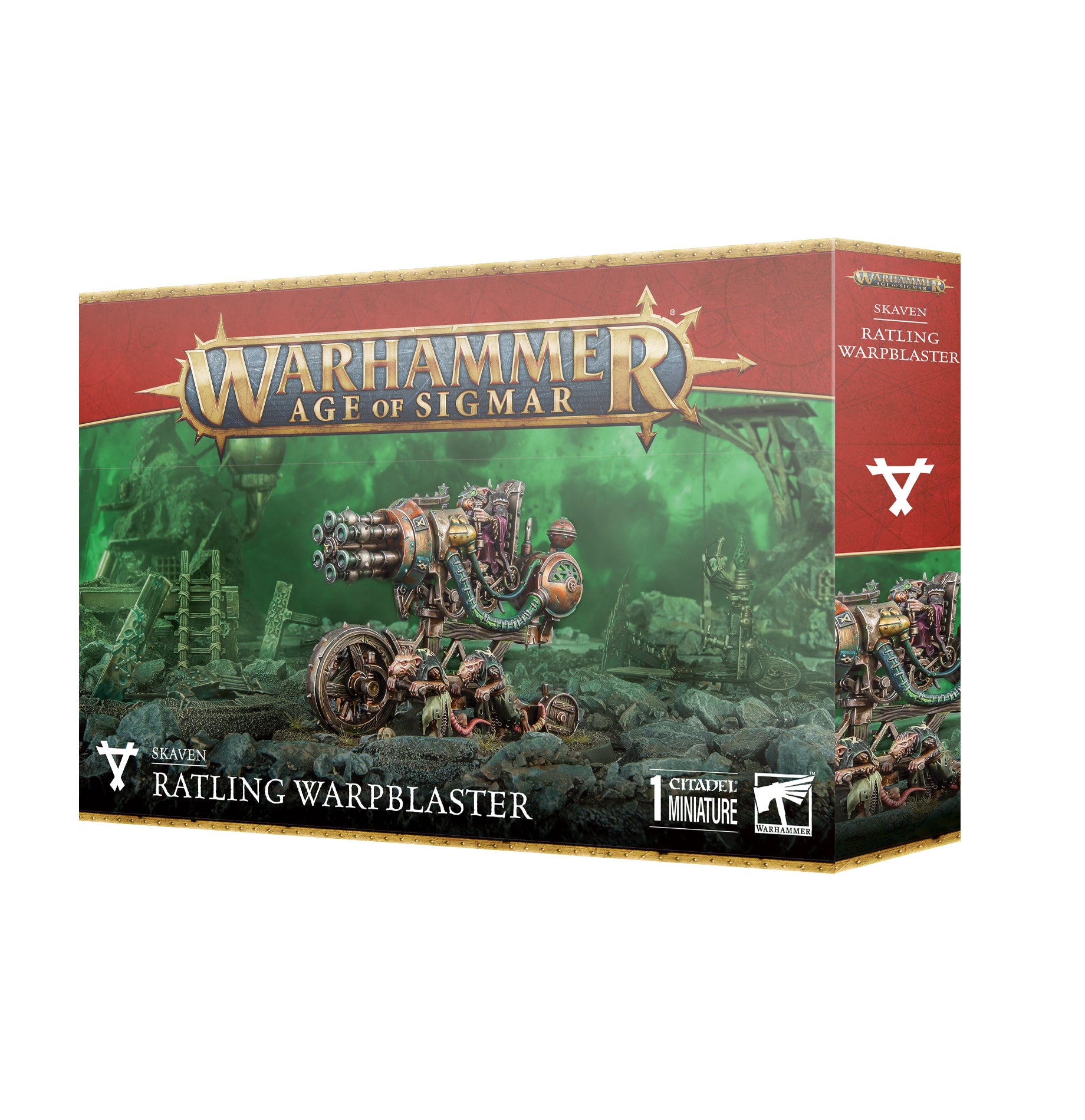 The SKAVEN: RATLING WARPBLASTER box by Games Workshop displays a mechanical, rat-themed weapon in a desolate landscape with red and green hues, perfect for Clans Skyre fans. Prominent branding and product details are featured.