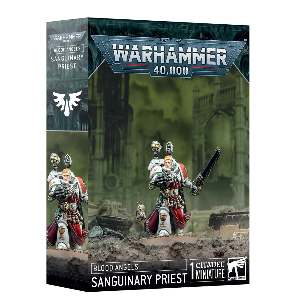 The box art for the Games Workshop BLOOD ANGELS: SANGUINARY PRIEST multipart plastic kit showcases a detailed miniature against a ruined city backdrop, complete with logos and product information.