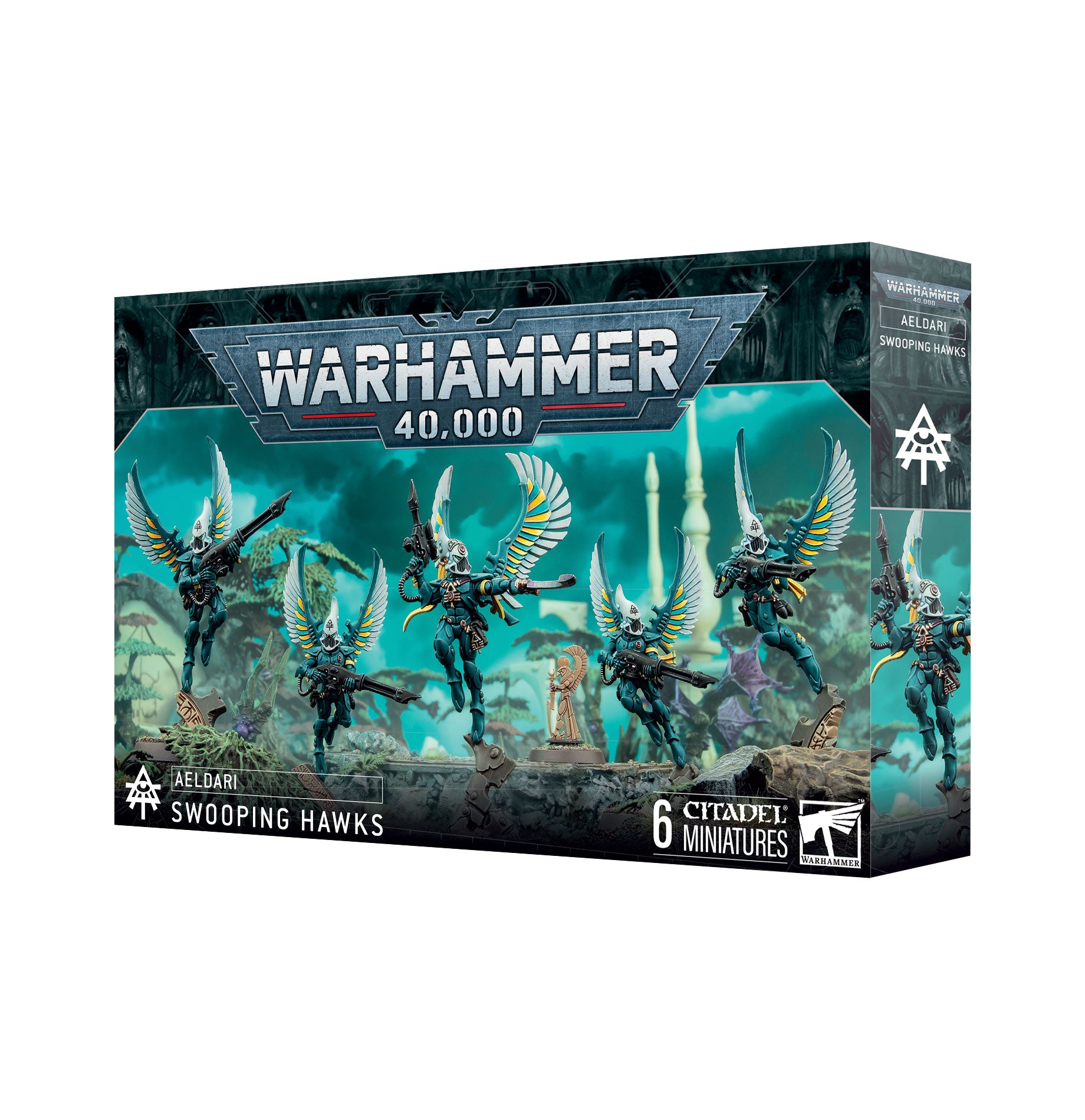 The image features a box of Games Workshop's AELDARI: SWOOPING HAWKS miniatures. It shows Aeldari armies in teal armor with wings over a fantasy landscape. Text includes 