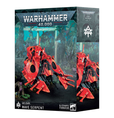 A box of the AELDARI: WAVE SERPENT by Games Workshop displays the red, futuristic armored vehicle against a vibrant alien backdrop, resembling Falcon grav-tanks, with the iconic Warhammer 40K branding and labels on the front.