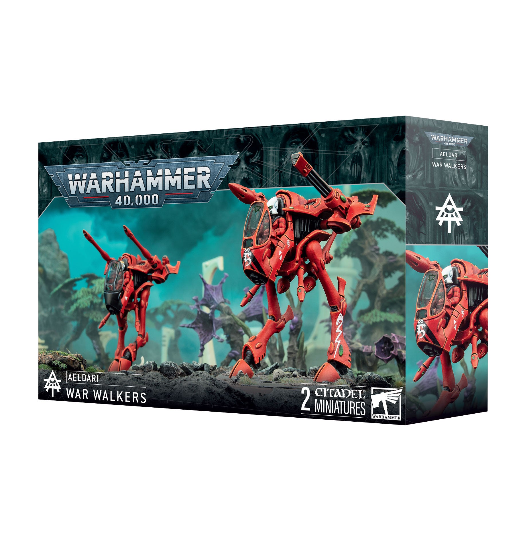 The AELDARI: WAR WALKERS box by Games Workshop showcases stunning artwork of two red robotic walkers with weapon mounts in a misty forest. This alien setting is ideal for leading your Aeldari armies and includes two intricately detailed Citadel miniatures.