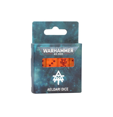 A package of WARHAMMER 40000: AELDARI DICE by Games Workshop is showcased, featuring a teal and black space-themed box. The clear window reveals orange dice with red symbols, and the iconic Aeldari logo is prominently displayed below.