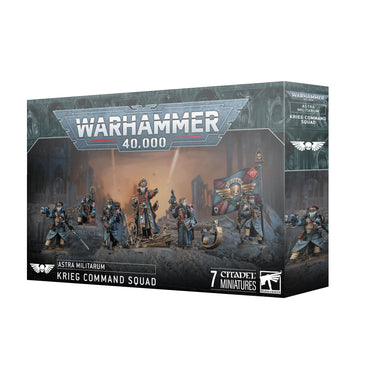 The ASTRA MILITARUM: KRIEG COMMAND SQUAD by Games Workshop includes seven detailed Citadel Miniatures in dynamic poses. The packaging features the iconic Warhammer logos and artwork against a dark, futuristic backdrop.