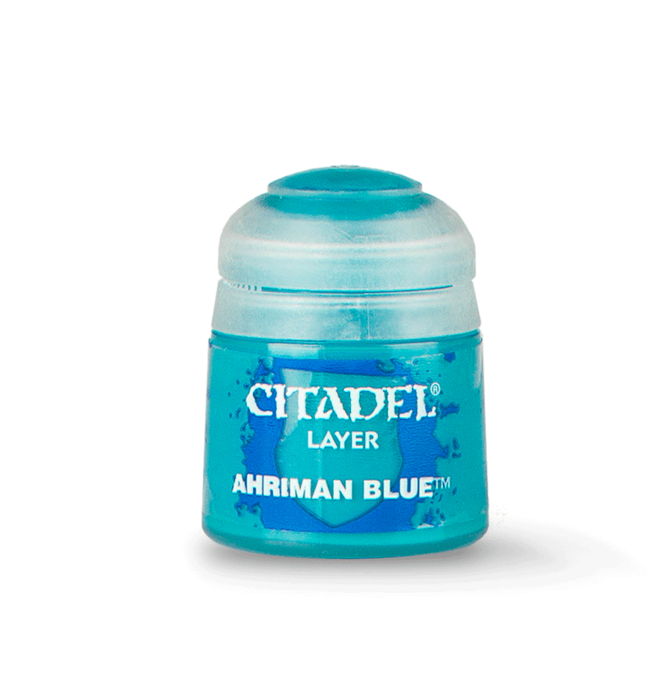 A photographed container of Citadel Layer paint in Ahriman Blue. The cylindrical plastic pot, designed for miniatures, features a clear cap and a turquoise body. The Citadel logo and product name "Citadel Layer - Ahriman Blue" are prominently displayed in white and blue text on the front, making it ideal for edge highlighting.