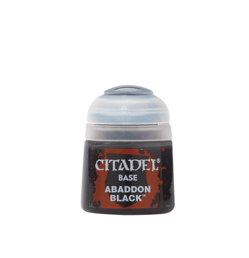 A small, cylindrical container of Citadel Base - Abaddon Black paint labeled "Abaddon Black." Perfect for base coating, it features a clear, rounded lid with a hinge and has a black base with a red-and-black label. The brand name "Citadel" is prominently displayed in white text above "BASE" and "ABADDON BLACK.