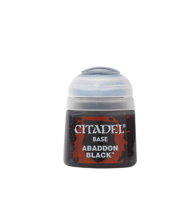 A small, cylindrical container of Citadel Base - Abaddon Black paint labeled "Abaddon Black." Perfect for base coating, it features a clear, rounded lid with a hinge and has a black base with a red-and-black label. The brand name "Citadel" is prominently displayed in white text above "BASE" and "ABADDON BLACK.