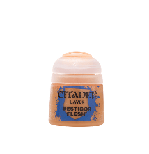 A small paint pot labeled "Citadel Layer - Bestigor Flesh" with the brand name "Citadel." Ideal for miniatures, its container is predominantly orange with a blue background behind the text. The top has a rounded, semi-transparent lid, perfect for precision in edge highlighting.