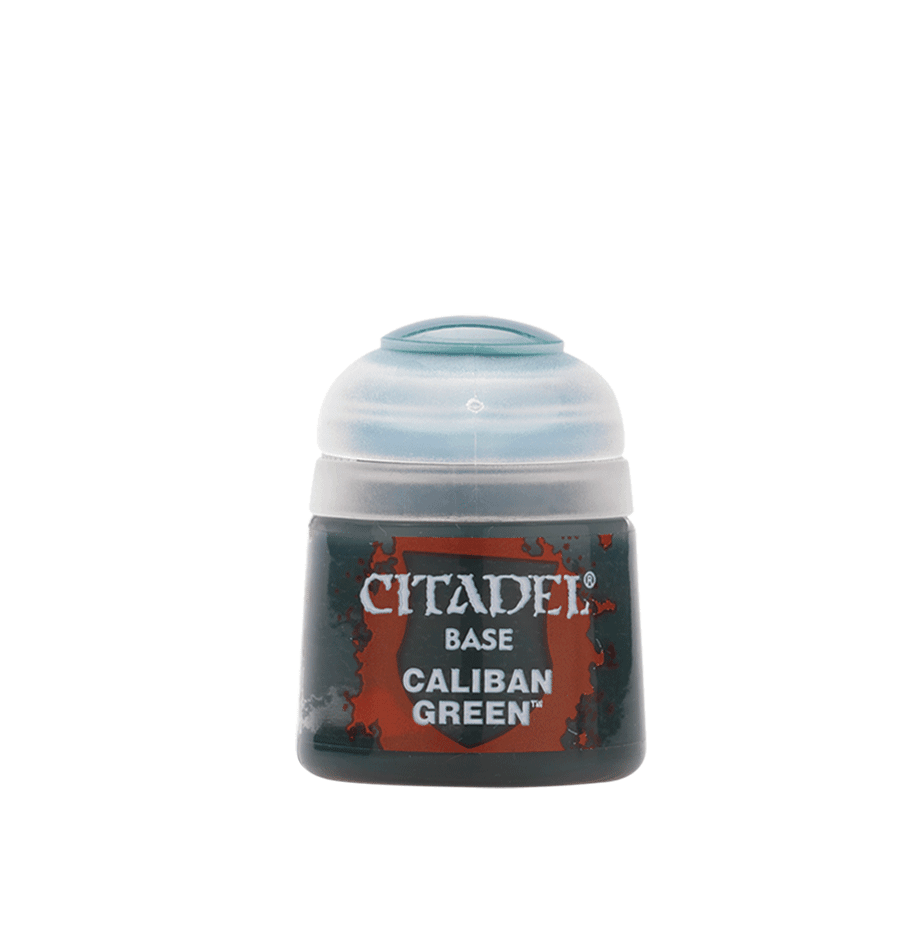 A small, round Citadel Base - Caliban Green paint pot is set against a plain background, featuring a slightly transparent lid and an orange label with black and white text. Ideal for acrylic paint enthusiasts, the seal line on the lid is clearly visible on top, making it perfect for base coating.