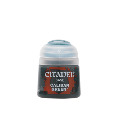 A small, round Citadel Base - Caliban Green paint pot is set against a plain background, featuring a slightly transparent lid and an orange label with black and white text. Ideal for acrylic paint enthusiasts, the seal line on the lid is clearly visible on top, making it perfect for base coating.