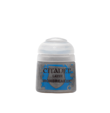 A small paint container with a clear lid shows grey metallic paint, ideal for edge highlighting. The label reads "Citadel Layer - Ironbreaker" on a blue background with silver detailing. It has a rounded top and grey cap, perfect for layer paint enthusiasts from Citadel.