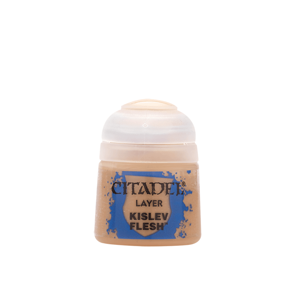 The Citadel Layer - Kislev Flesh paint is ideal for edge highlighting miniatures. It comes in a small jar with a clear lid, featuring beige paint and a label with blue splatters on a light grey background.