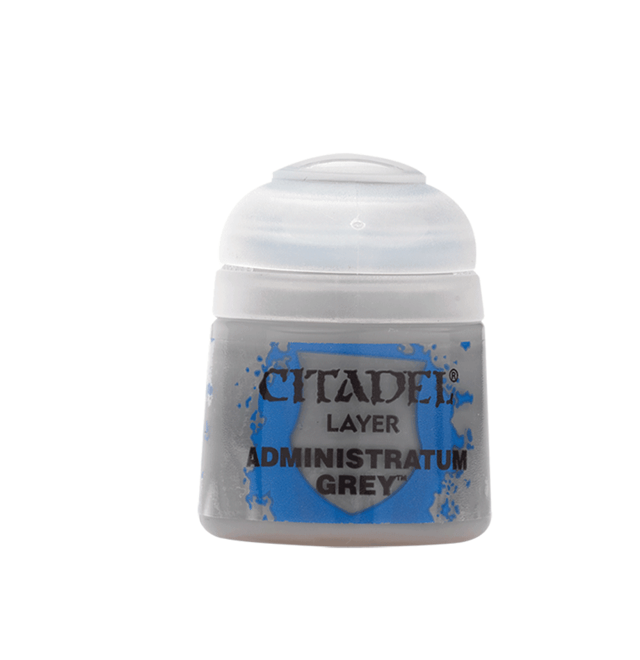 A small, clear plastic pot of Citadel Layer - Administratum Grey paint for miniatures features bold black labels with 