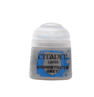 A small, clear plastic pot of Citadel Layer - Administratum Grey paint for miniatures features bold black labels with "Citadel Layer" and "Administratum Grey," ideal for edge highlighting. Topped by a transparent ribbed lid, the text is enclosed in a blue circle on a plain background.