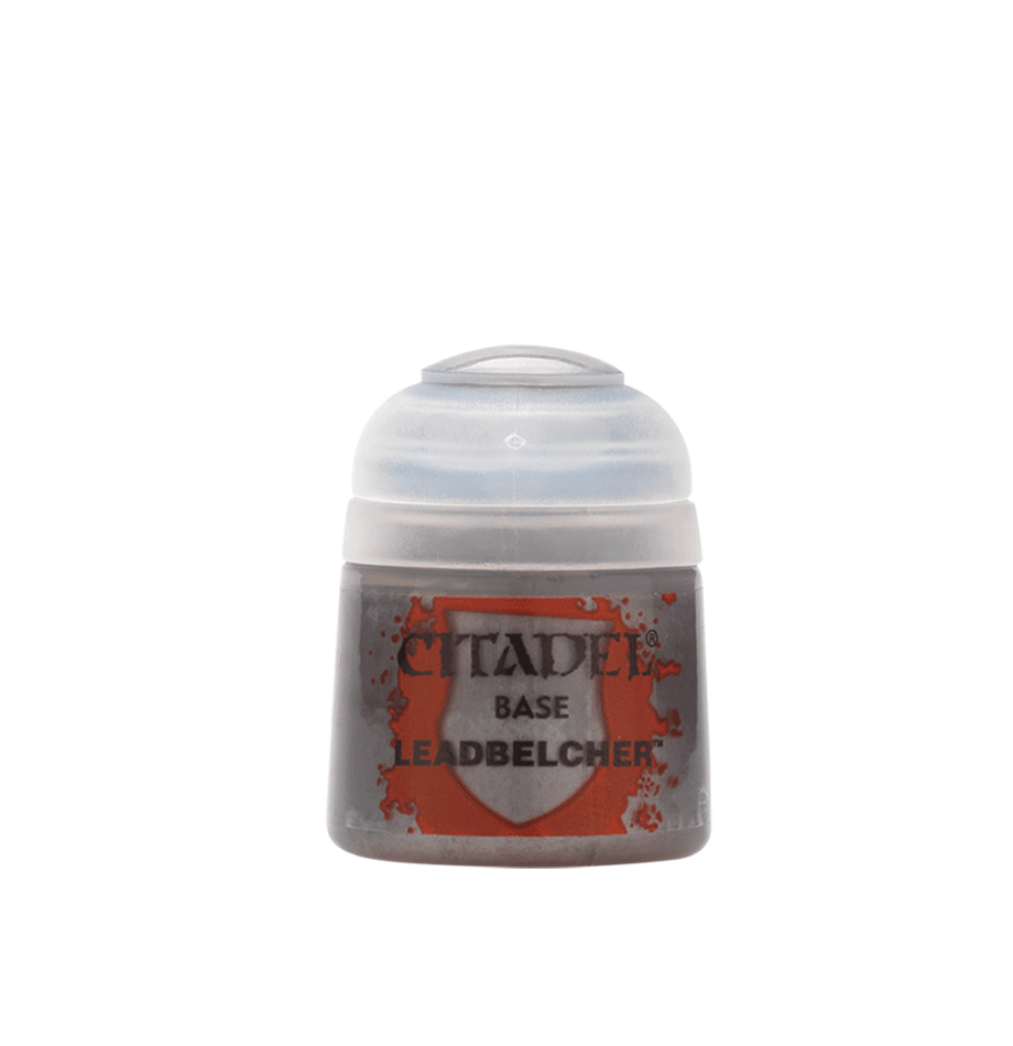 A small, round Citadel Base - Leadbelcher acrylic paint container with a gray body and clear lid, displaying the Citadel logo and paint name in red and black. Ideal for miniatures and hobby projects, it’s essential for enthusiasts who value detail in their creative endeavors.