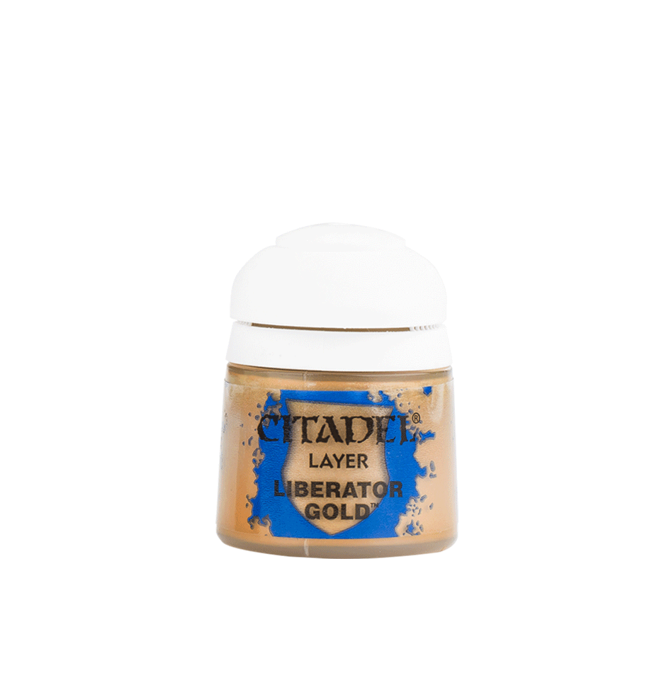 The Citadel Layer - Liberator Gold is a small, round paint pot with a white lid and metallic gold paint, ideal for miniatures and edge highlighting. The transparent container displays its vibrant hue, while the label features the product name alongside a blue hexagonal design on a light background.