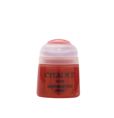 The image shows a bottle of Citadel Base - Mephiston Red by Citadel. The bottle is cylindrical with a red base and a transparent, slightly frosted lid. The text on the bottle is black, and above the label, there is a small raised button on the lid for easy opening—perfect for painting Citadel miniatures.