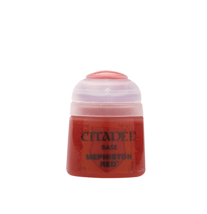 The image shows a bottle of Citadel Base - Mephiston Red by Citadel. The bottle is cylindrical with a red base and a transparent, slightly frosted lid. The text on the bottle is black, and above the label, there is a small raised button on the lid for easy opening—perfect for painting Citadel miniatures.