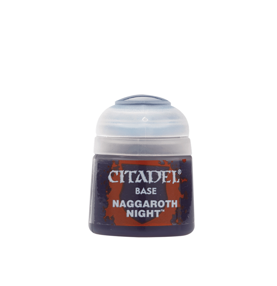 A Citadel Base paint bottle labeled "Citadel Base - Naggaroth Night" with a dark purple color, ideal for basecoating. The bottle has a clear flip-top lid and a black base adorned with red and white label text. Decorative elements on the label are consistent with the Citadel acrylic paints line. The background is transparent.