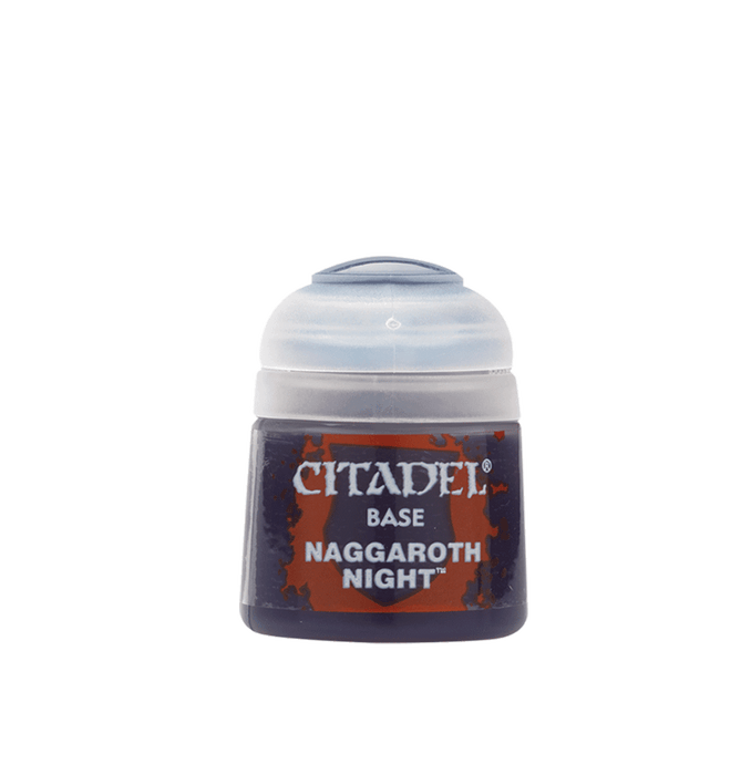 A Citadel Base paint bottle labeled "Citadel Base - Naggaroth Night" with a dark purple color, ideal for basecoating. The bottle has a clear flip-top lid and a black base adorned with red and white label text. Decorative elements on the label are consistent with the Citadel acrylic paints line. The background is transparent.