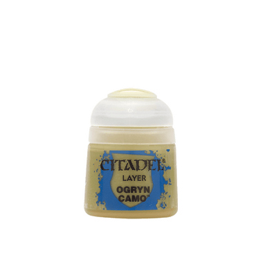 Citadel Layer 'Ogryn Camo' features beige paint ideal for edge highlighting miniatures, packaged in a pot with a white cap and blue label, displaying the brand 'Citadel' in black text.