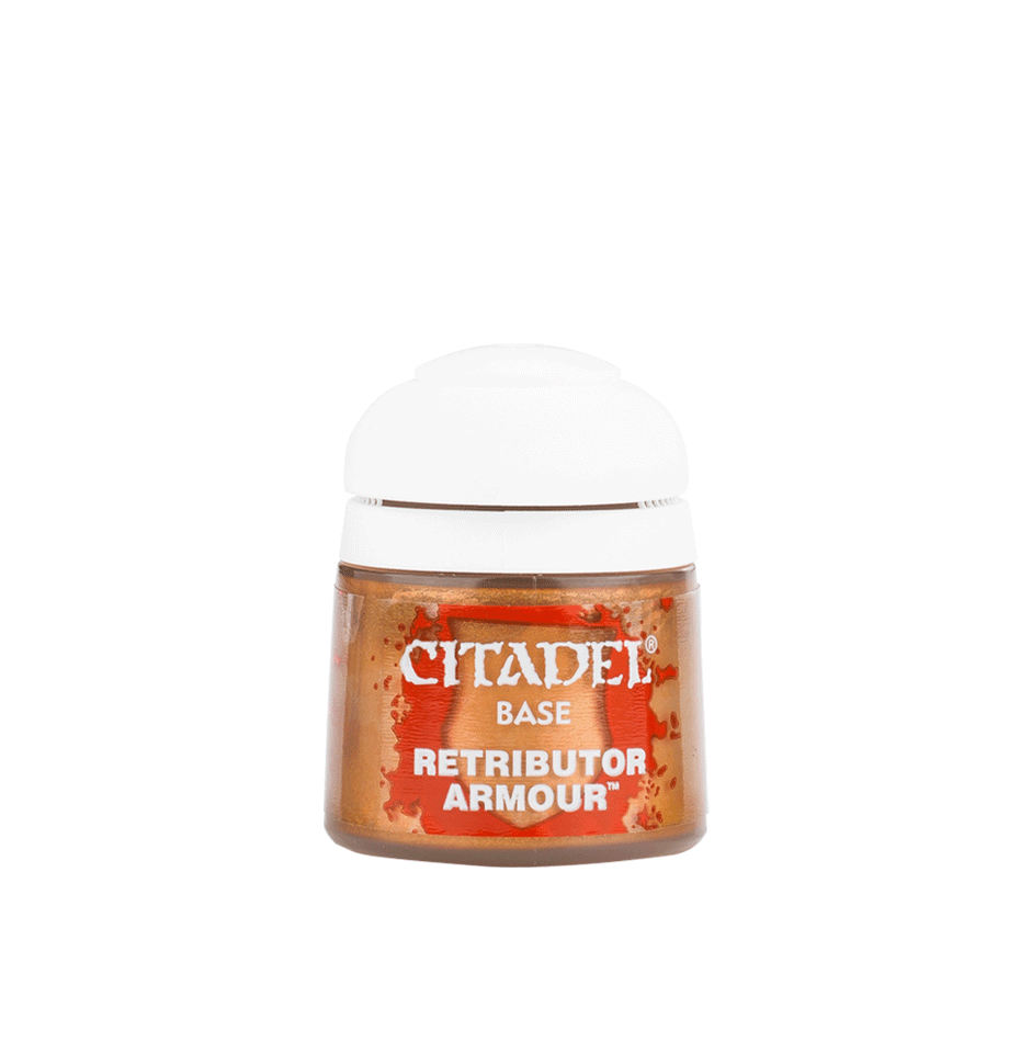 A small cylindrical pot of Citadel paint labeled "Citadel Base - Retributor Armour." The pot has a white flip-top lid and features orange labeling with white text. The metallic gold color inside is perfect for base coating. This acrylic paint sits against a plain, light-colored background.