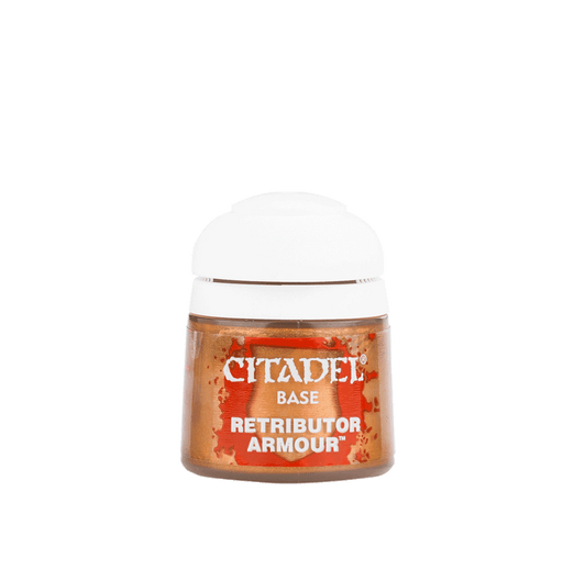 A small cylindrical pot of Citadel paint labeled "Citadel Base - Retributor Armour." The pot has a white flip-top lid and features orange labeling with white text. The metallic gold color inside is perfect for base coating. This acrylic paint sits against a plain, light-colored background.