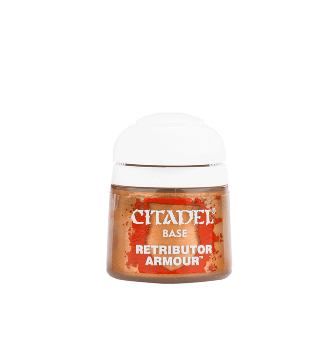 A small cylindrical pot of Citadel paint labeled "Citadel Base - Retributor Armour." The pot has a white flip-top lid and features orange labeling with white text. The metallic gold color inside is perfect for base coating. This acrylic paint sits against a plain, light-colored background.