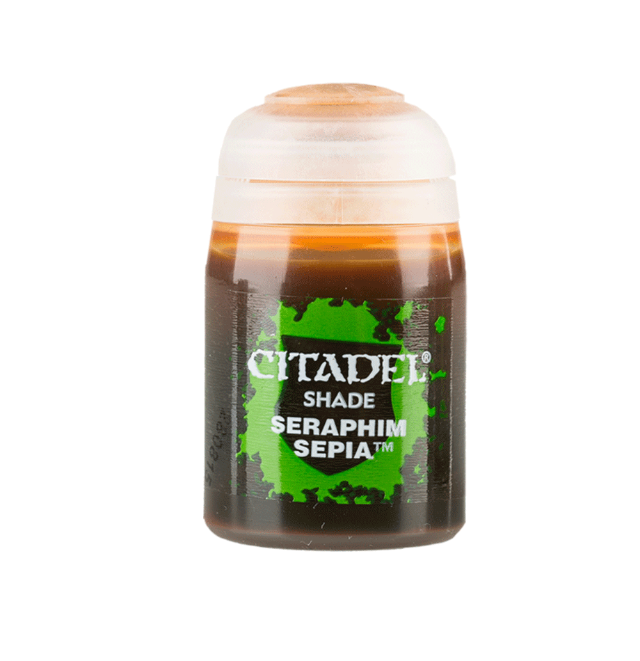 A bottle of Citadel Shade - Seraphim Sepia labeled "Seraphim Sepia." The cylindrical container has a gradient brown color with a green splash design around the text. It features a flip-top lid at the top. Perfect for matte shading, this paint is ideal for adding depth to your miniatures. "SHADE" appears above the paint name in white letters from Citadel.