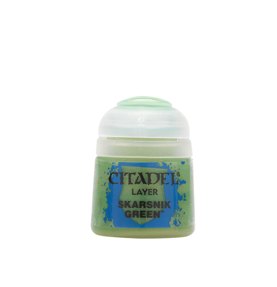 The Citadel Layer - Skarsnik Green paint, by Citadel, is ideal for miniature edge highlighting. It comes in a light green container with a transparent lid and features black text on a blue background with decorative paint splashes.