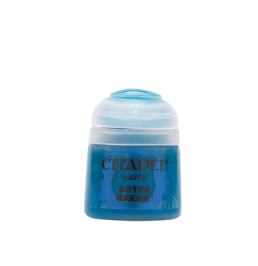 A small blue cylindrical paint pot with a clear lid features the "Citadel Layer - Sotek Green" label. Ideal for miniatures, this bright turquoise paint is great for edge highlighting and stands out brilliantly against a white background.