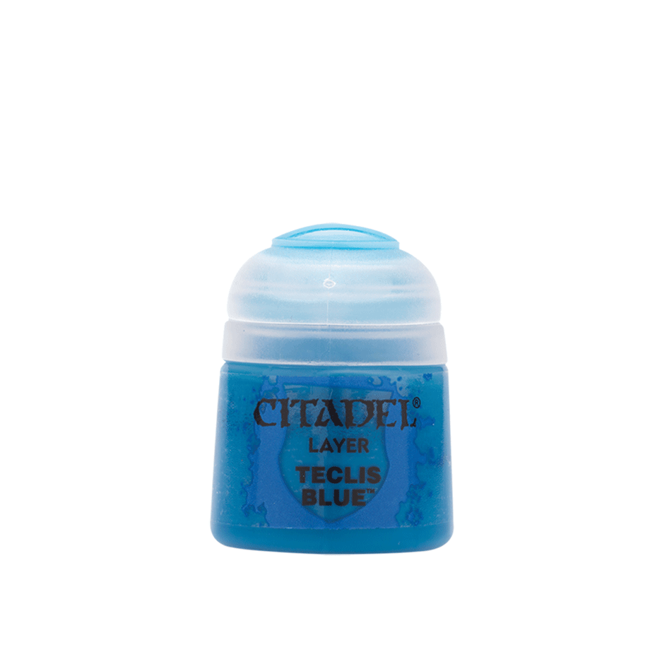 A container of Citadel Layer - Teclis Blue by Citadel, perfect for enhancing your miniatures. The plastic bottle has a round, clear cap and a label printed in black text. The container is filled with blue paint, visible through the transparent body.