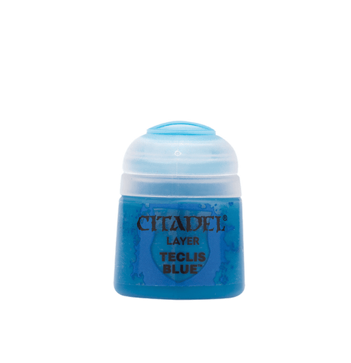 A container of Citadel Layer - Teclis Blue by Citadel, perfect for enhancing your miniatures. The plastic bottle has a round, clear cap and a label printed in black text. The container is filled with blue paint, visible through the transparent body.