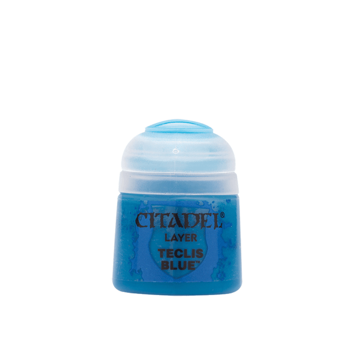 A container of Citadel Layer - Teclis Blue by Citadel, perfect for enhancing your miniatures. The plastic bottle has a round, clear cap and a label printed in black text. The container is filled with blue paint, visible through the transparent body.