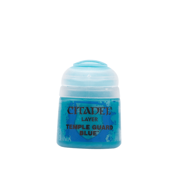 A small container of Citadel Layer - Temple Guard Blue in "Temple Guard Blue." The container has a rounded, light blue lid and a translucent body filled with vibrant blue paint, ideal for edge highlighting. The label on the container displays the Citadel logo and paint color name in black text.