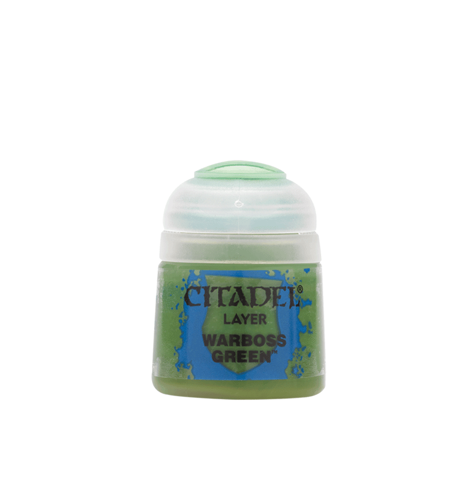 A small Citadel Layer jar of Warboss Green paint, ideal for miniatures and edge highlighting with its vibrant shade. It features a clear lid and a green label with 