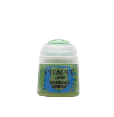 A small Citadel Layer jar of Warboss Green paint, ideal for miniatures and edge highlighting with its vibrant shade. It features a clear lid and a green label with "Citadel" branding and product details in blue and black text.