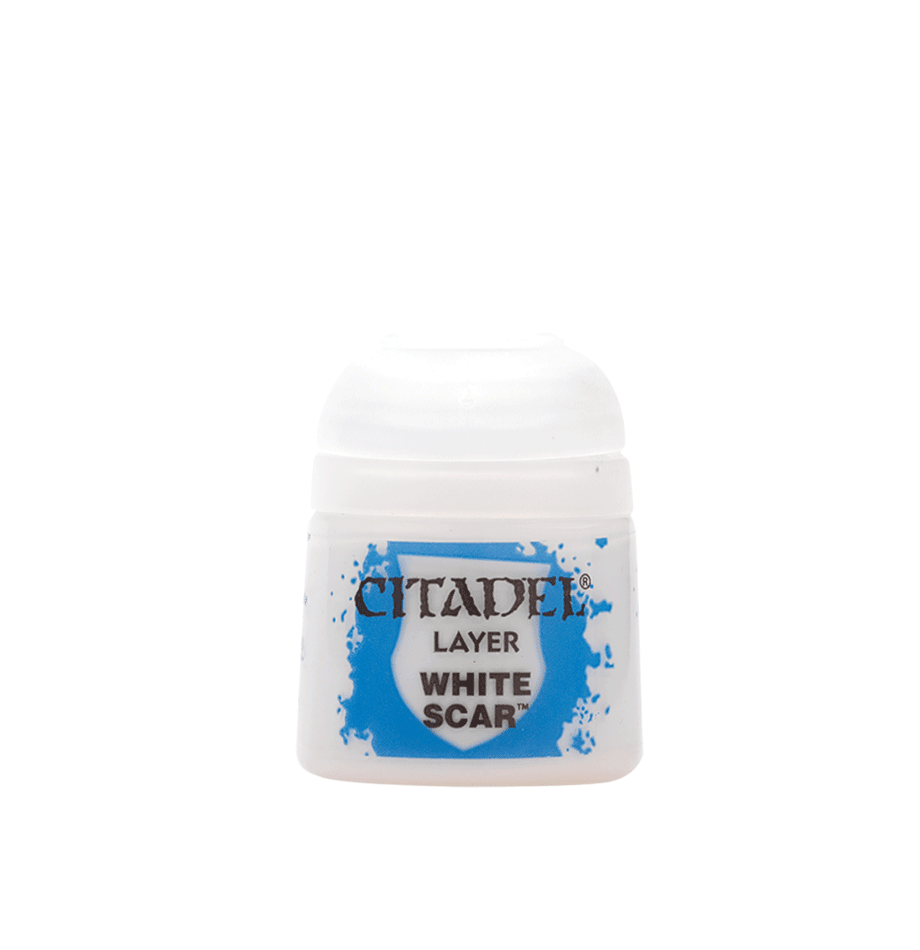 A small, white plastic paint container with a round, domed cap. The label reads "Citadel Layer - White Scar" over a blue paint splatter background. This layer paint by Citadel is perfect for edge highlighting miniatures, commonly seen in model and tabletop gaming communities.