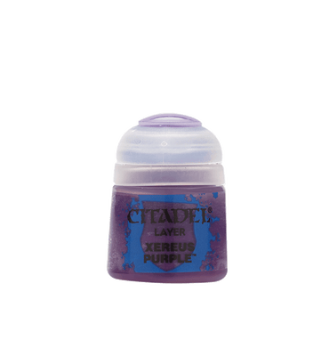 A small Citadel Layer - Xereus Purple container, ideal for miniatures, has a translucent lid with "Citadel" and "Layer" in black plus decorative purple splatters. The vibrant hue inside is great for edge highlighting.