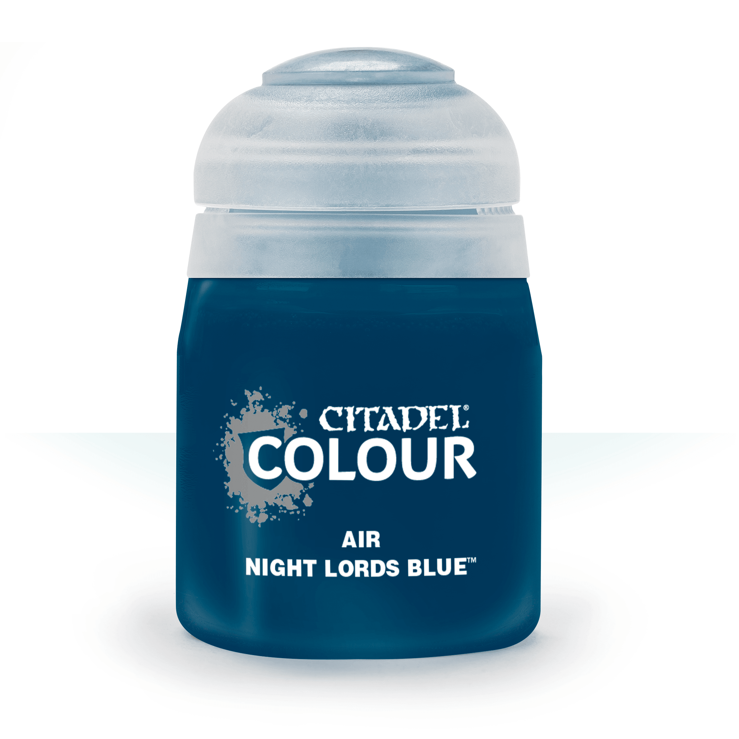 The image shows a 24ml CITADEL AIR: NIGHT LORDS BLUE paint container by Citadel. Ideal for airbrushing, it features a dark blue jar with a white plastic lid and label displaying 