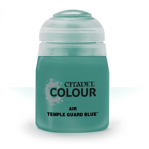 Image of a small cylindrical plastic container of Citadel paint, labeled "Citadel" in black text with the word "Colour" stylized. The paint type is "Air," perfect for airbrush use, and the specific color is CITADEL AIR: TEMPLE GUARD BLUE. The 24ml container has a rounded, semi-transparent lid and features a splash design.