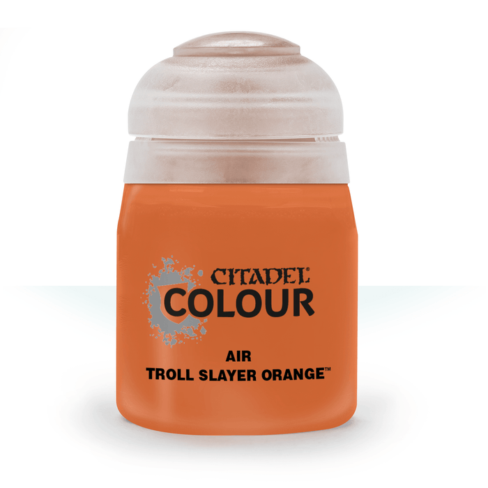 A small 24ml bottle of Citadel paint is shown against a white background. The bottle has an orange body with a gray cap, which slightly fades into a white top. The label reads "Citadel - CITADEL AIR: TROLL SLAYER ORANGE™," indicating the specific shade and water-based formula for airbrush use.